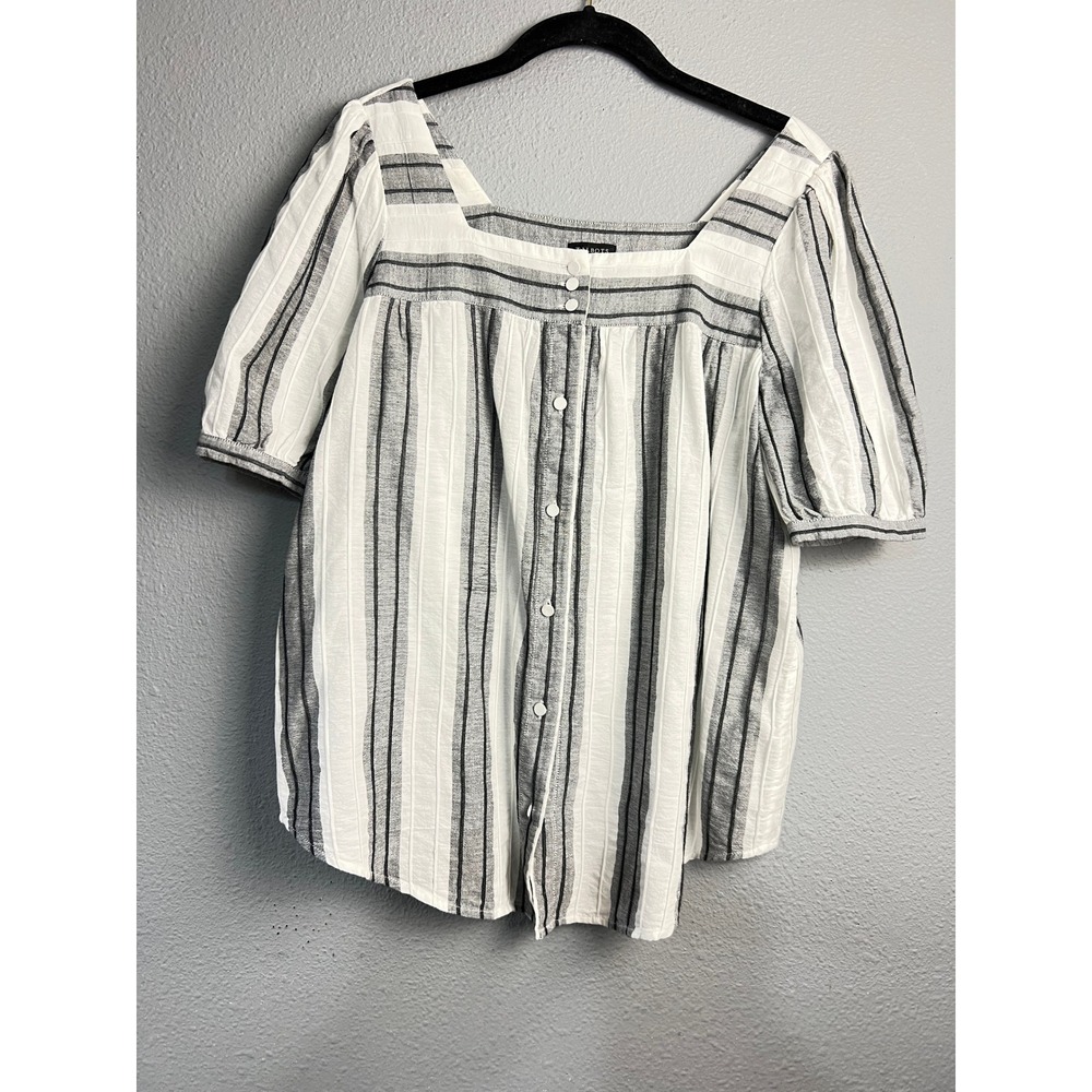 Talbots Womens Grey White Striped Square‎ Neck Puff Sleeve Button Front Blouse S